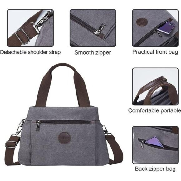 Canvas Crossbody Shoulder Bag Multi Pocket Tote Purse for Women Work Travel - Picture 4 of 7